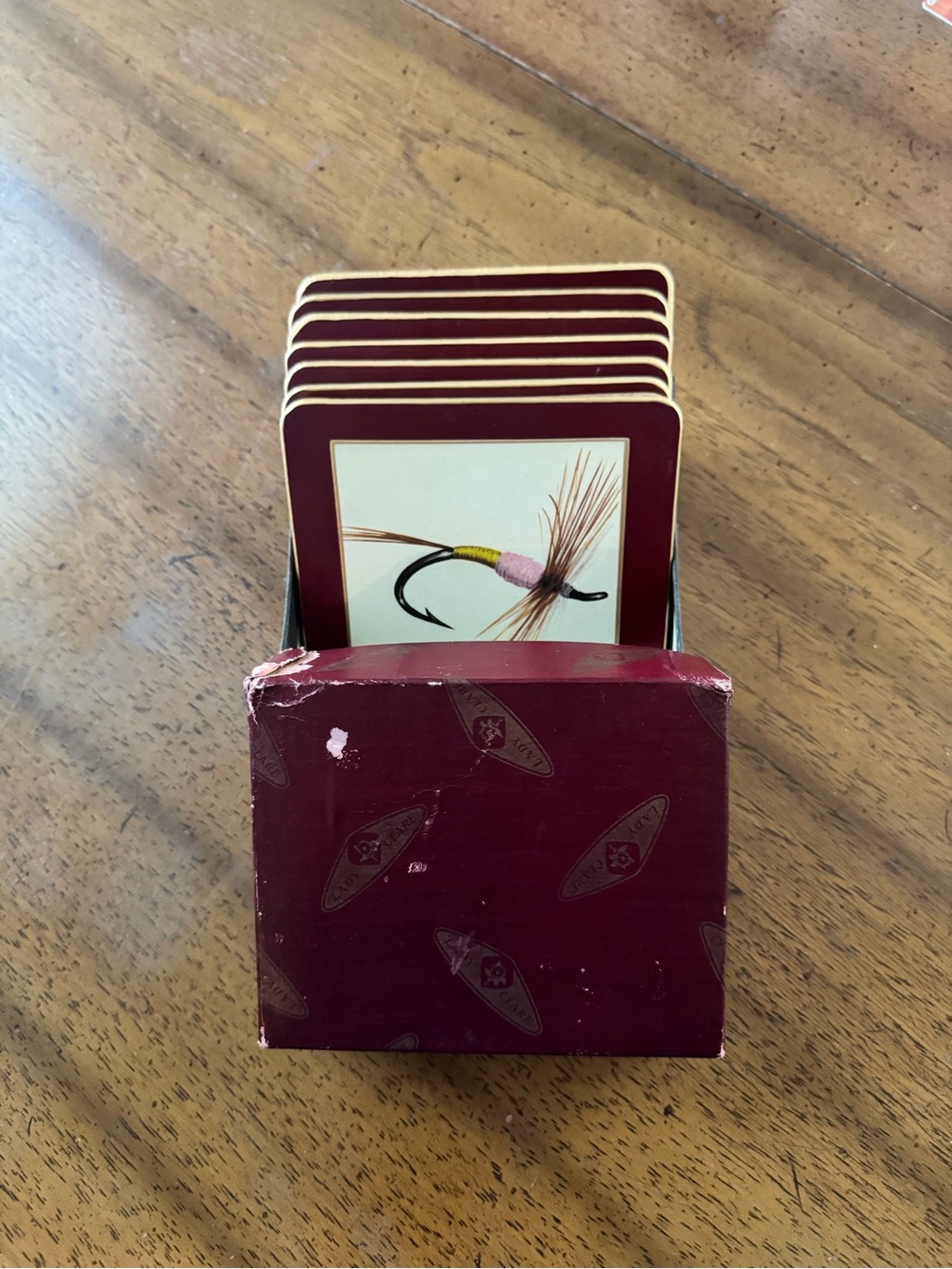 Vintage Lady Clare Burgundy Fly Fishing Coaster Set